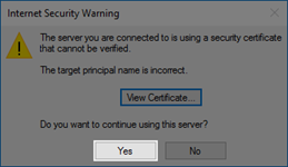 Yes button to continue using the server